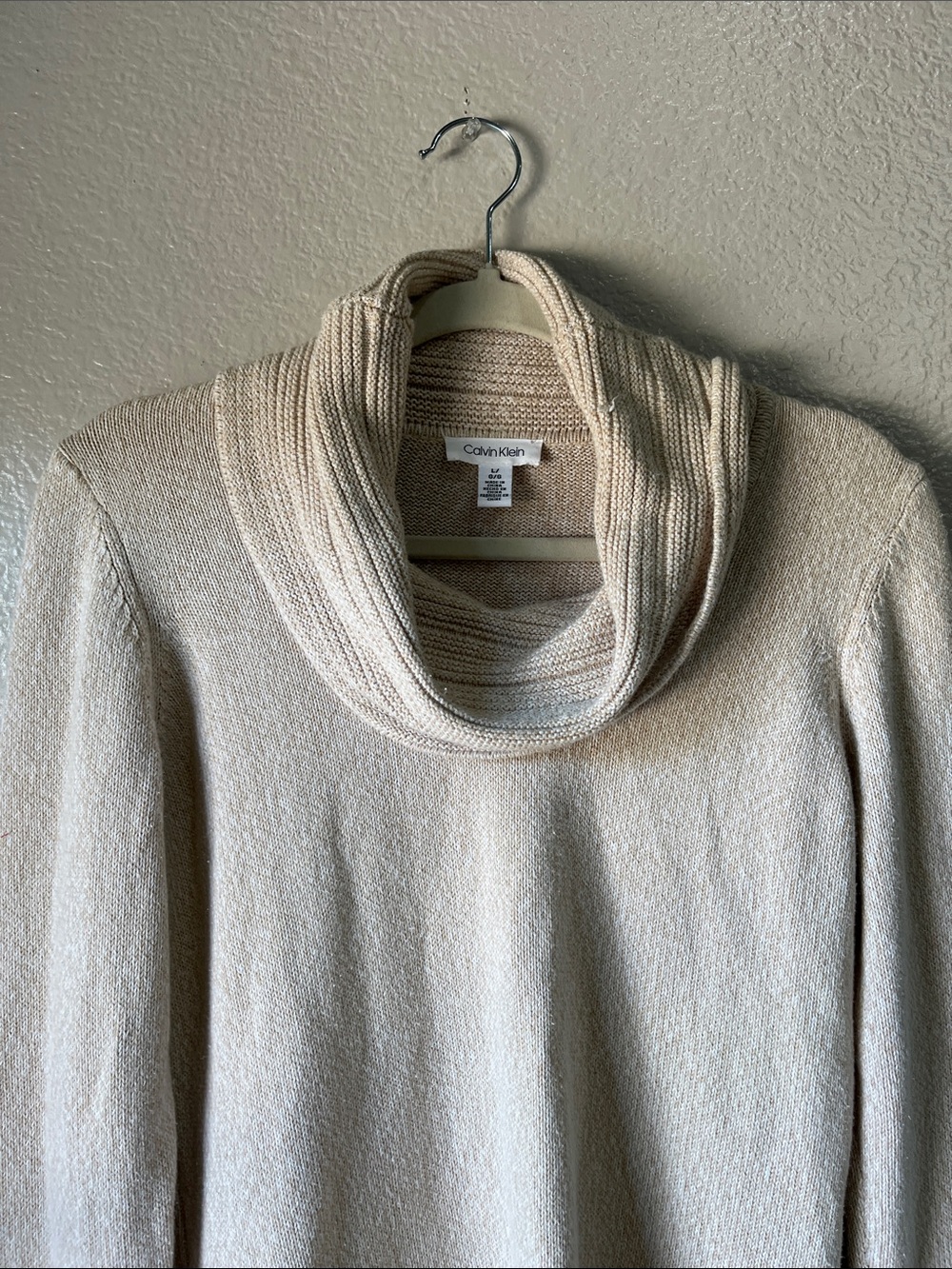Calvin Klein Cream Cowl Neck Sweater Sz L Comfy Office Casual Bohemian knit - Picture 6 of 9